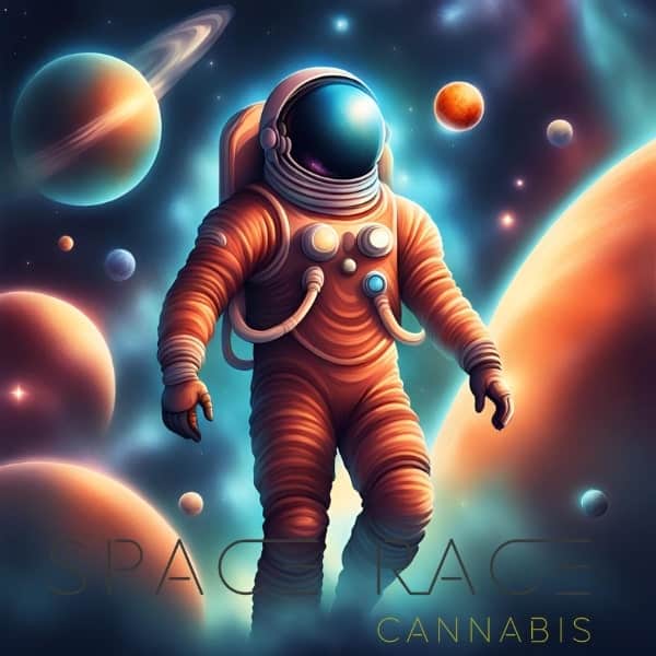 Space Race Cannabis products with cosmic-themed logos and a space man, epitomizing the brand's adventurous spirit in Alberta's cannabis landscape.