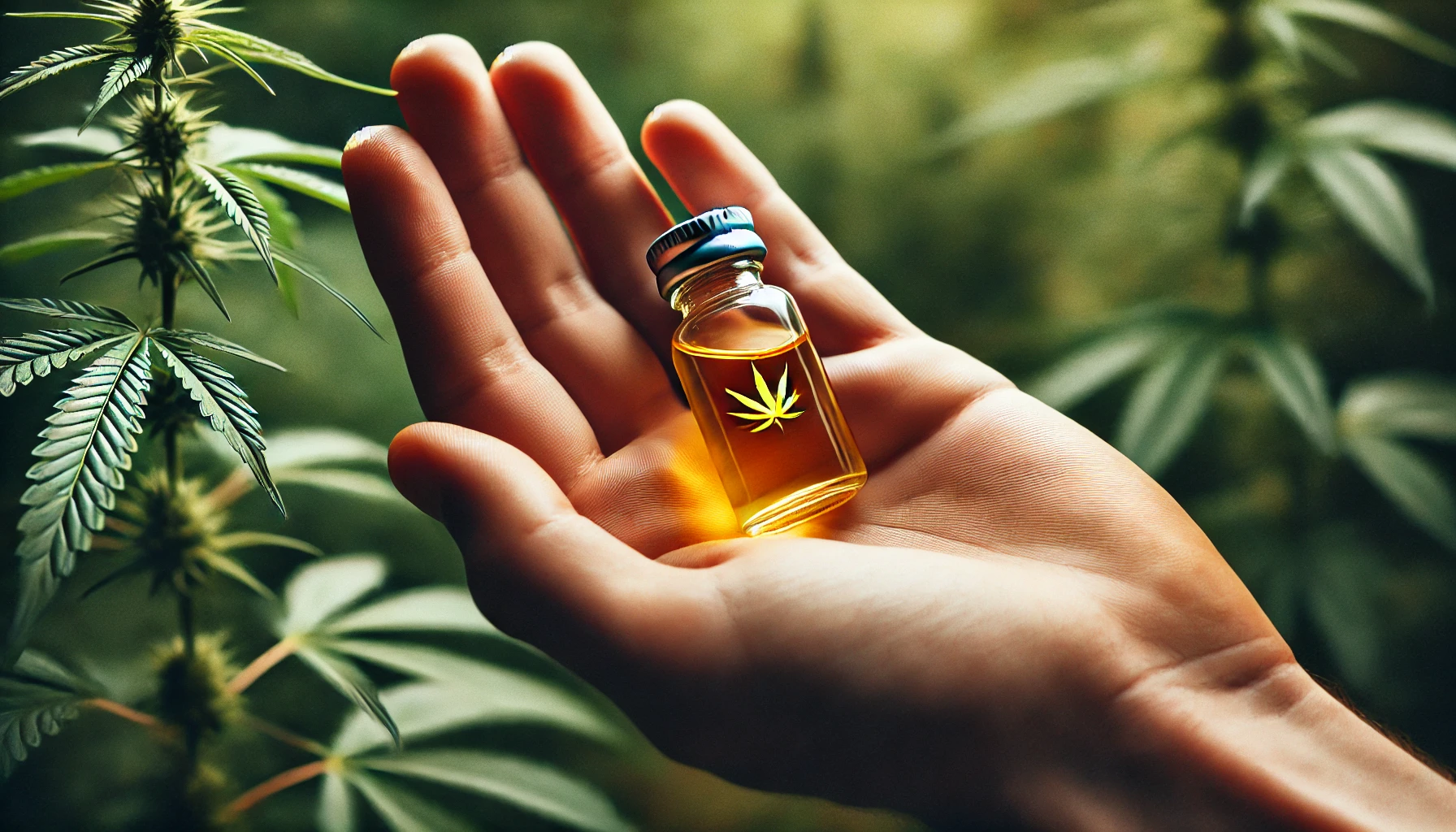 A close-up image of a person's hand holding a small vial of Phoenix Tears oil.