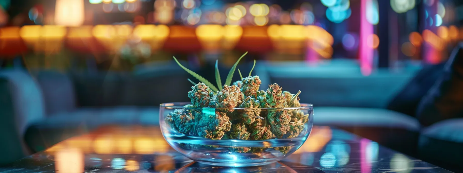 a sleek, modern urban lounge features an elegant table displaying an array of colorful cannabis strains, highlighting the distinctive characteristics of the bc bounty strain, under soft, ambient lighting that enhances its rich textures and vibrant colors.